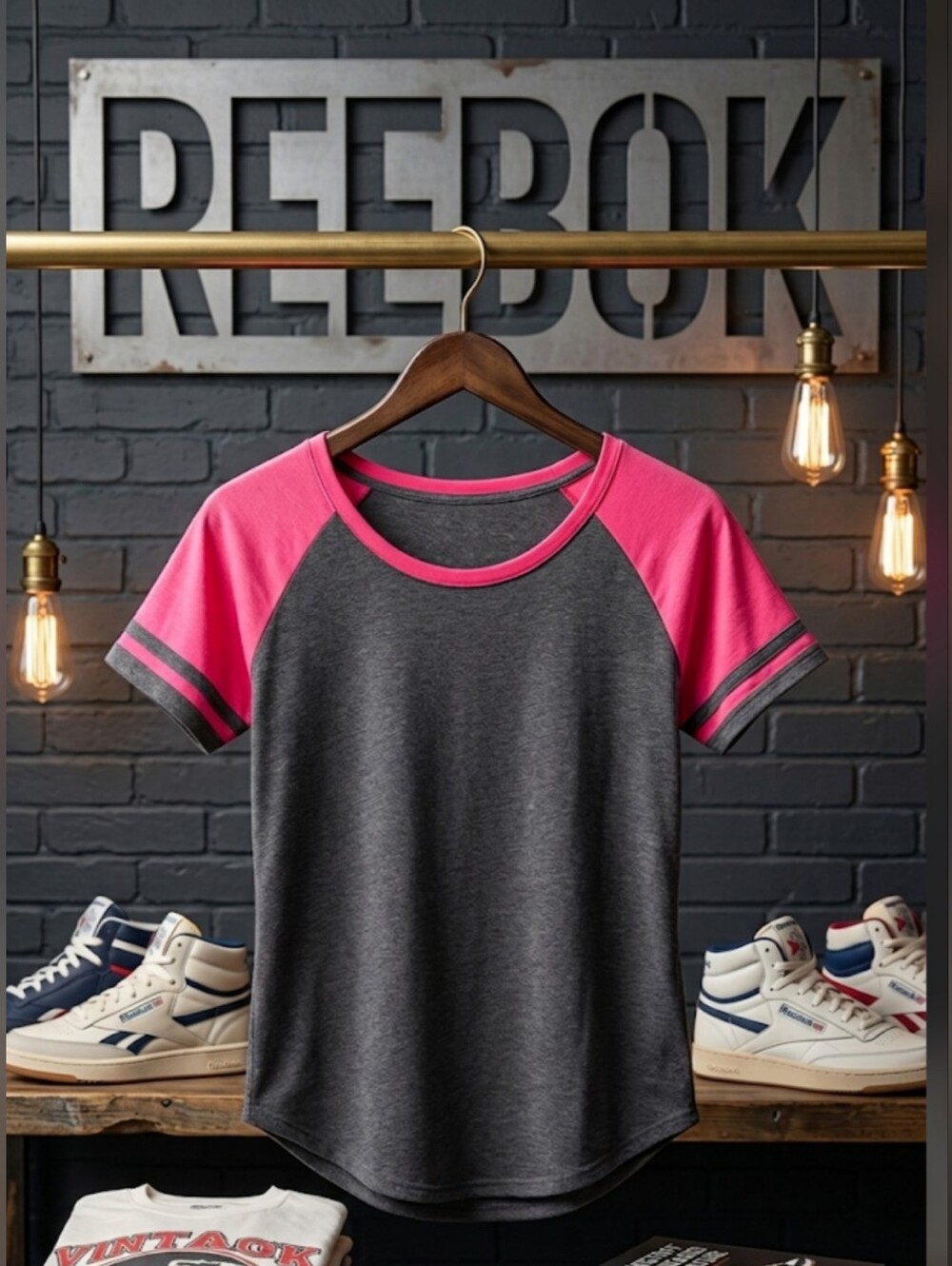 Reebok Heather Grey & Neon Pink Varsity Stripe Raglan Tee